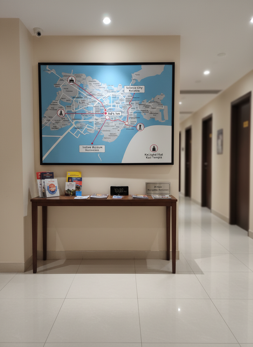 A neatly organized reception and information corner representing Ad’s Inn’s connection to Kolkata attractions, with a sleek wall-mounted map of the city highlighting routes to Science City Kolkata, Indian Museum, and Kalighat Kali Temple. Below the map, a narrow console table in dark wood holds neatly stacked tourist brochures, a small digital clock, and a subtle “24‑Hour Reception Assistance” plaque. Overhead, cool white recessed lights provide bright, even illumination, creating crisp shadows and reflections on the glossy tiled floor. Shot in photographic realism from an eye-level, straight-on composition, the scene feels professional and informative, with a neutral beige wall and a softly blurred doorway suggesting nearby guest rooms and common areas.