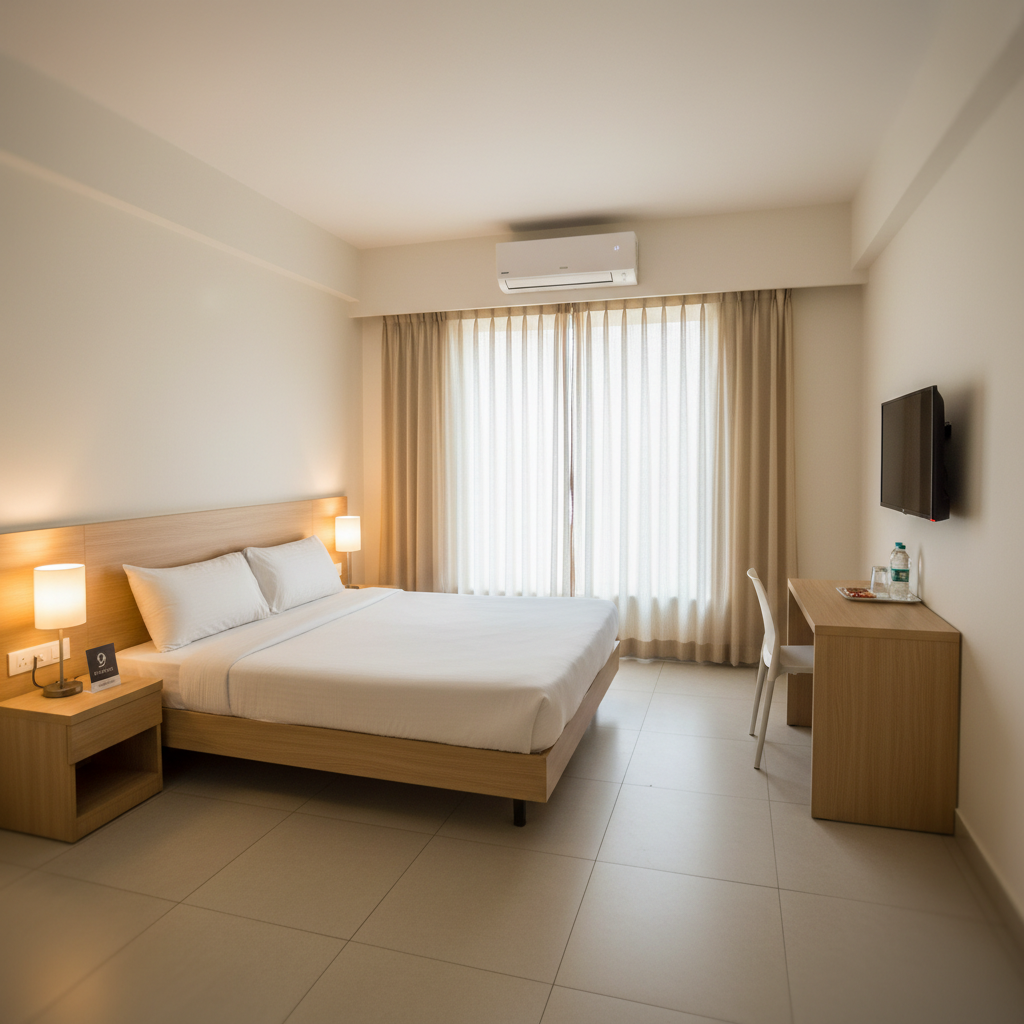 A bright, modern air-conditioned guest room at Ad’s Inn in Santoshpur, Kolkata, showcasing a neatly made queen bed with crisp white linens, a light oak headboard, and two minimalist bedside tables with soft-glow lamps. A slim split AC unit is mounted above a large window framed by light beige curtains, with diffused daylight illuminating the room. A compact work desk with a sleek chair and a small tray with complimentary water bottles sits opposite a wall-mounted flat-screen TV. Photographic realism, shot at eye level with a wide lens, capturing sharp details and a calm, professional atmosphere, with subtle shadows adding depth and a soft bokeh on the far corners of the room.
