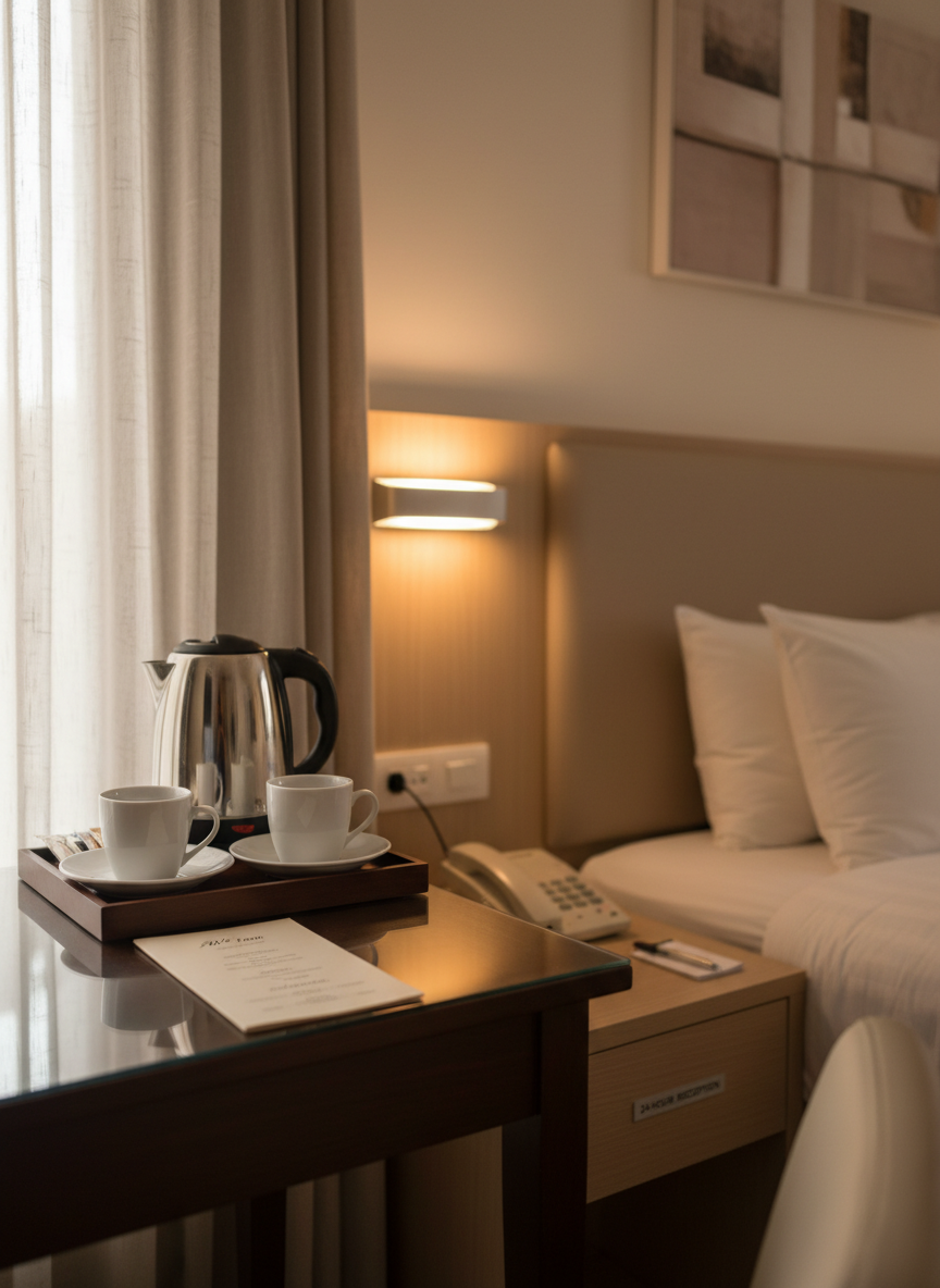 A cozy corner of an Ad’s Inn guest room highlighting amenities: a polished wooden desk with a neatly arranged electric kettle, white ceramic cups on a small tray, and a discreet room service menu. Nearby, a bedside table holds a spotless telephone and a small notepad, subtly suggesting 24‑hour reception support. Soft, warm LED lighting from a wall sconce creates a comfortable glow, complemented by gentle natural light filtering through a partially drawn curtain. Photographic realism with a close-up, three-quarter angle composition and shallow depth of field keeps the foreground accessories in sharp focus while the neatly made bed and neutral-colored wall art soften into the background, evoking quiet efficiency and professional hospitality.