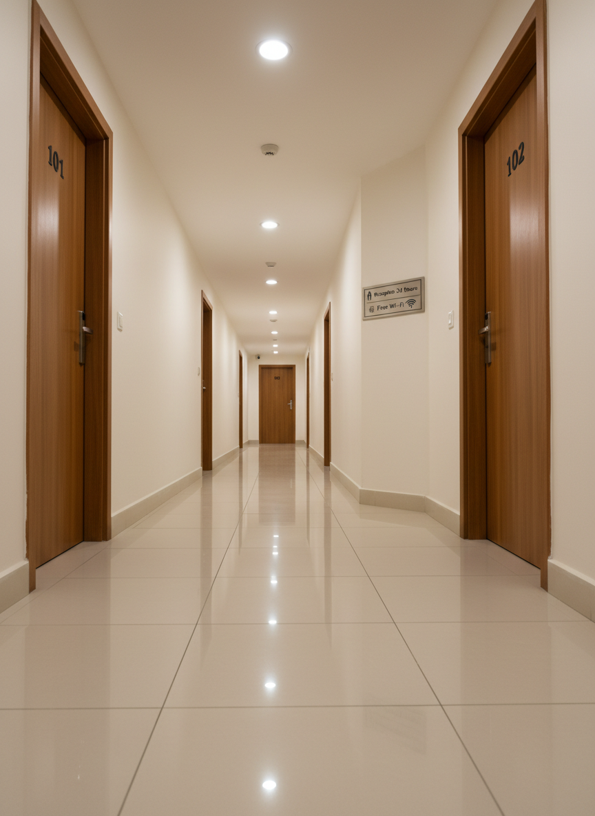 An immaculate hallway inside Ad’s Inn, featuring smooth off-white walls, polished ceramic tile flooring, and neatly numbered wooden room doors with brushed steel handles. Recessed ceiling lights cast even, warm illumination along the corridor, creating soft reflections on the floor and subtle shadows near the door frames. A small, clearly visible sign indicating “Reception 24 Hours” and “Free Wi‑Fi” is mounted near a corner for orientation. Captured in photographic realism from a low, slightly off-center perspective that emphasizes depth and leads the eye down the corridor, the mood is orderly, secure, and professional, conveying a sense of quiet comfort and reliable service for guests.