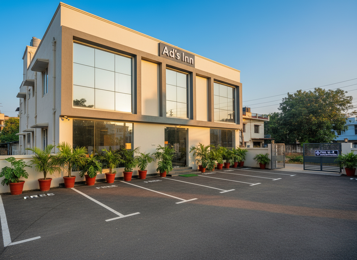 A contemporary guest house exterior named “Ad’s Inn,” featuring a clean three-story façade painted in soft ivory with charcoal-gray accents and large glass windows. A neat driveway with clearly marked free parking spaces and a small landscaped area with potted tropical plants frames the entrance. Discreet signage near the gate mentions Wi‑Fi and 24‑hour reception. The scene is captured in photographic realism during golden hour, with warm sunlight washing the building and casting long, gentle shadows. Shot from a slightly elevated, wide-angle perspective, the composition emphasizes accessibility and professionalism, with the clear blue Kolkata sky and a hint of nearby urban neighborhood in softly blurred background, creating a welcoming yet businesslike mood.